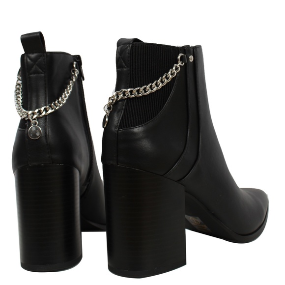 Size 8 Black Pointy Toe Chain Lace Stacked Block Heel Ankle Bootie - Picture 5 of 6